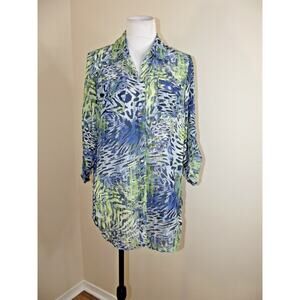 GLANCE Womens Semi Sheer Tunic Top - Size MEDIUM - Blue Green Print Blouse